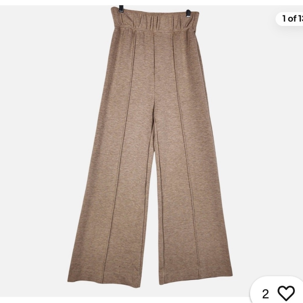 Lou & Grey Womens Wide Leg Pants M Oatmeal Heathered High Rise Pull On Stretch